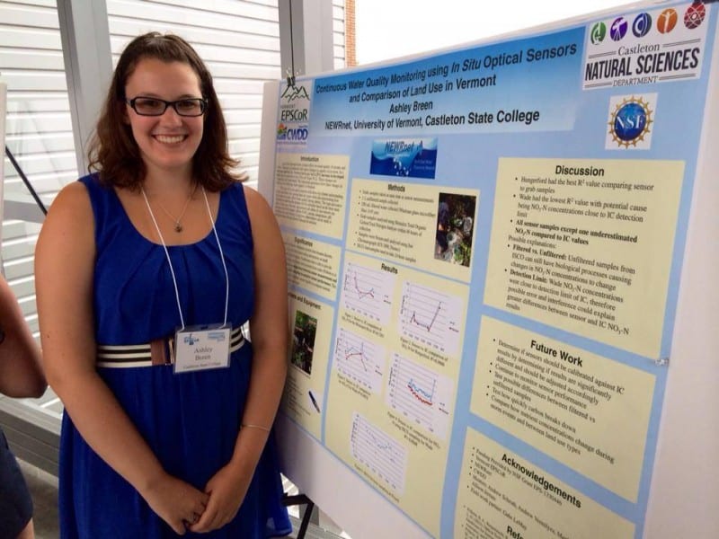 A photo of Ashley Breen, a brunette young woman with glasses standing in front of a poster displaying research results