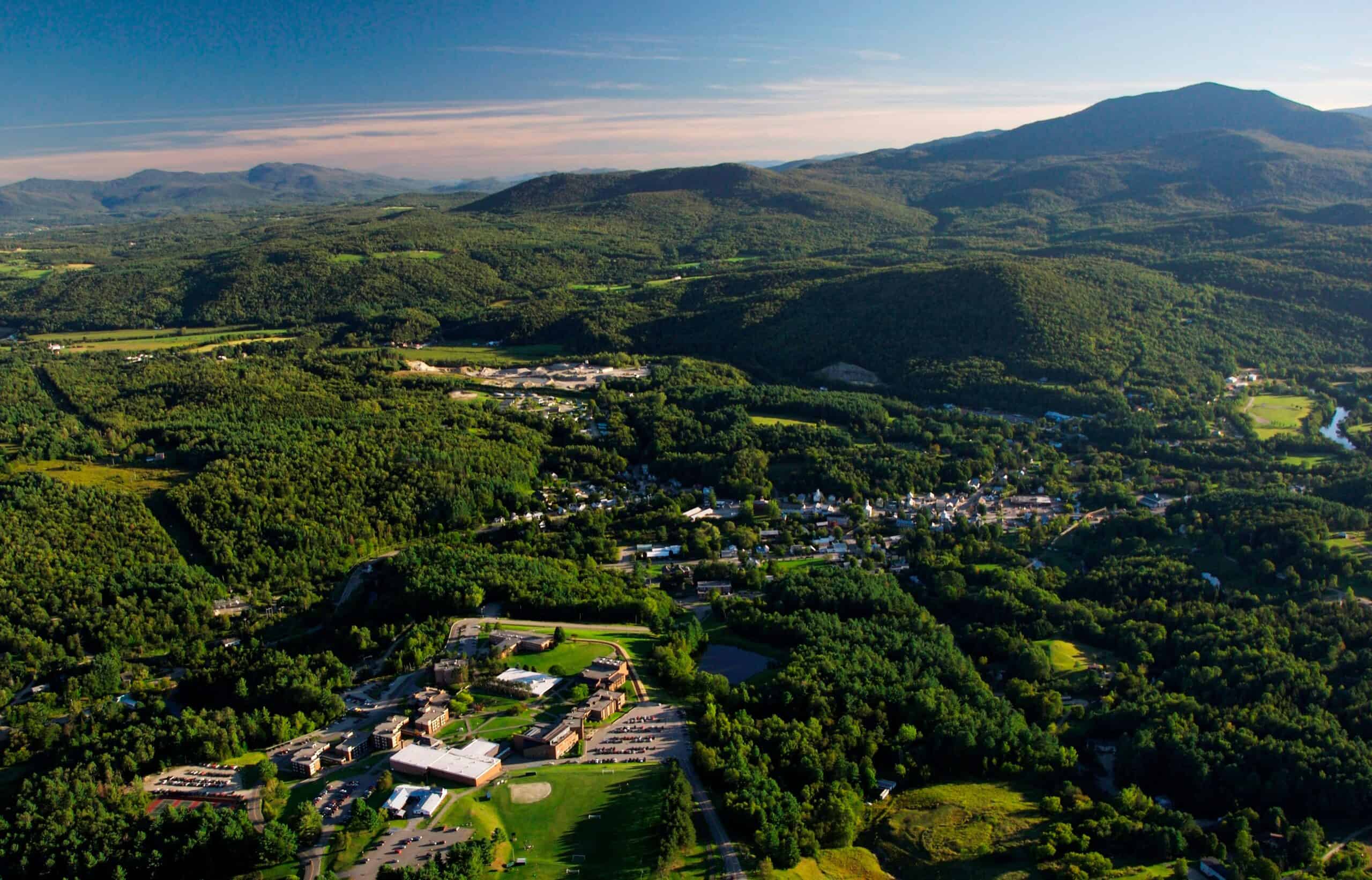 A drone image from high above the Johnson campus. You can see all of the surrounding mountains and towns.