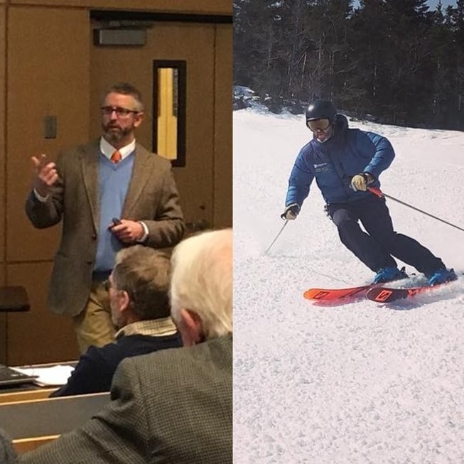 Two images, on the left a man in a brown jacket is lecturing to students. On the right the same man but in a bluejacket and skis, skies down a hill.