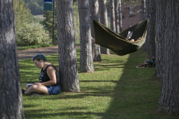 A hammock in trees at Vermont State University Johnson with a person inside and a person sitting on the ground studying next to it.