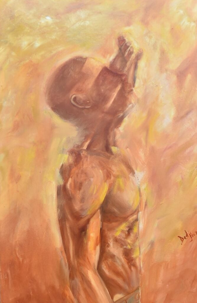 Dodji Koudakpo painting called "Golden Son" a yellow and tan colored panting of a figure of a man.