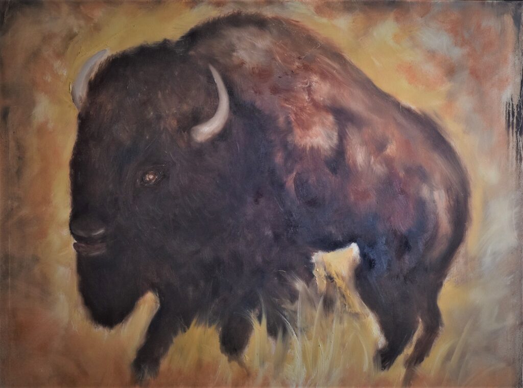 Dodji Koudakpo oil painting called "Power and Resilience." A painting of a bison.