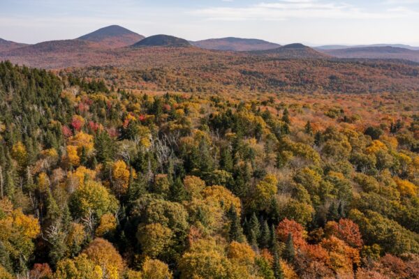An aerial view of Vermont mountains in the fall.