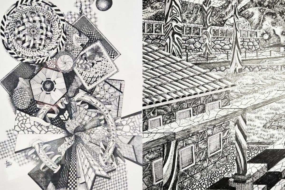 Black and white pencil drawings of abstract architectural images.