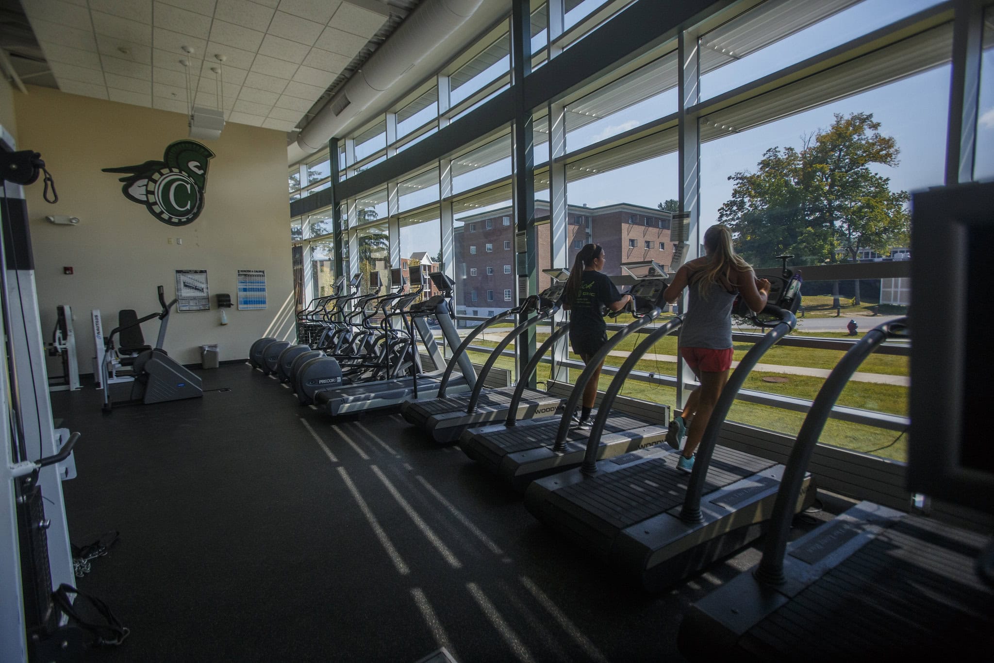 A line of treadmills overlooking a green campus at Vermont State Castleton.