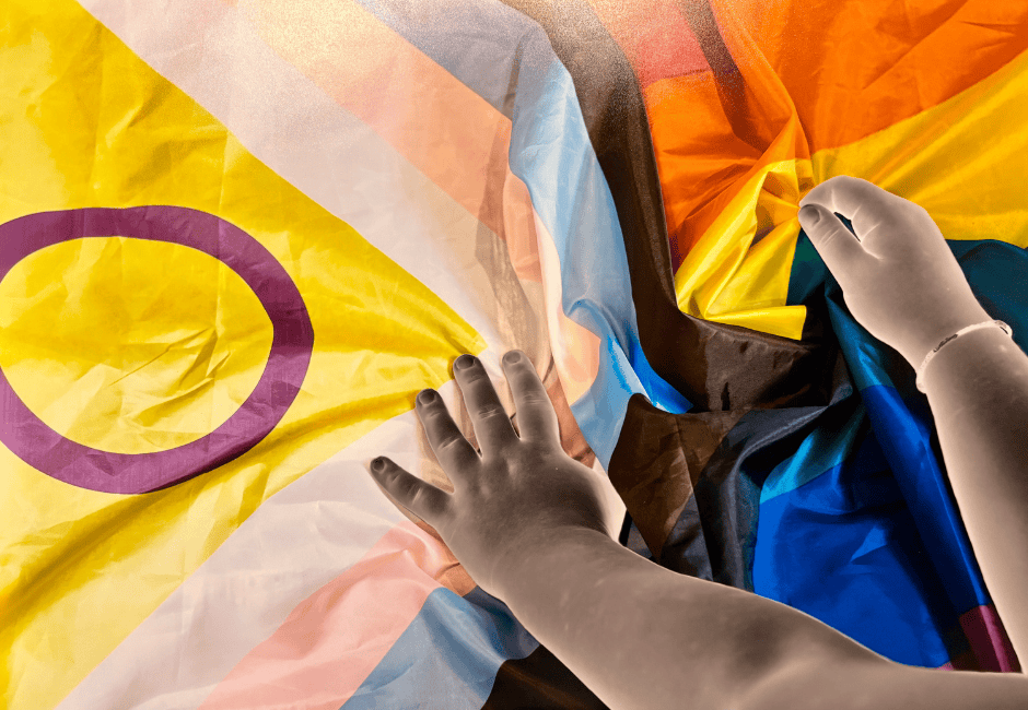 Hands reaching toward a LGBTQ+ pride flag
