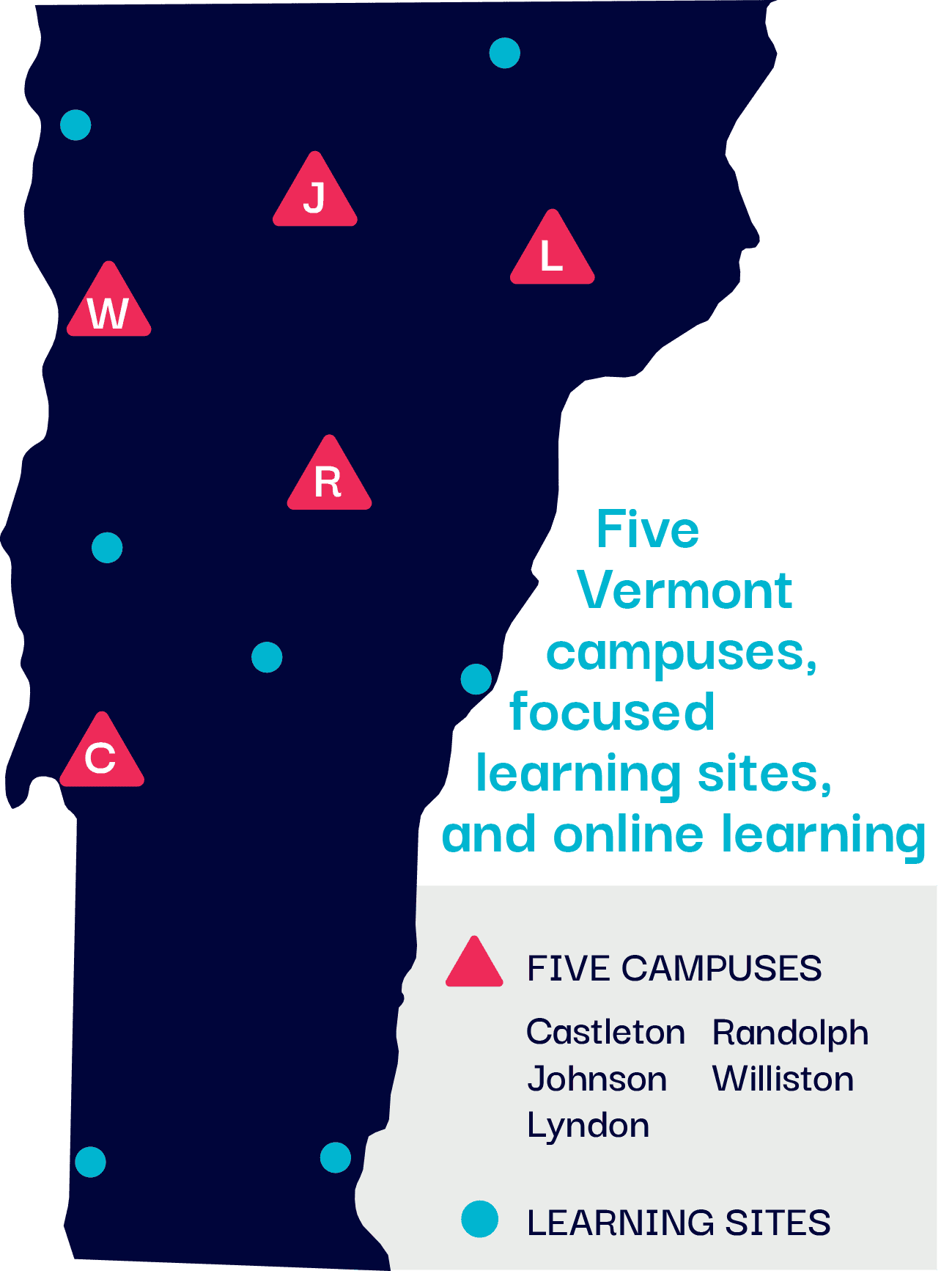 A graphic map of the state of Vermont with triangles over each VTSU location, and dots over VTSU learning sites. Test to the right side reads "Five vermont campuses, focused learning sites, and online learning."