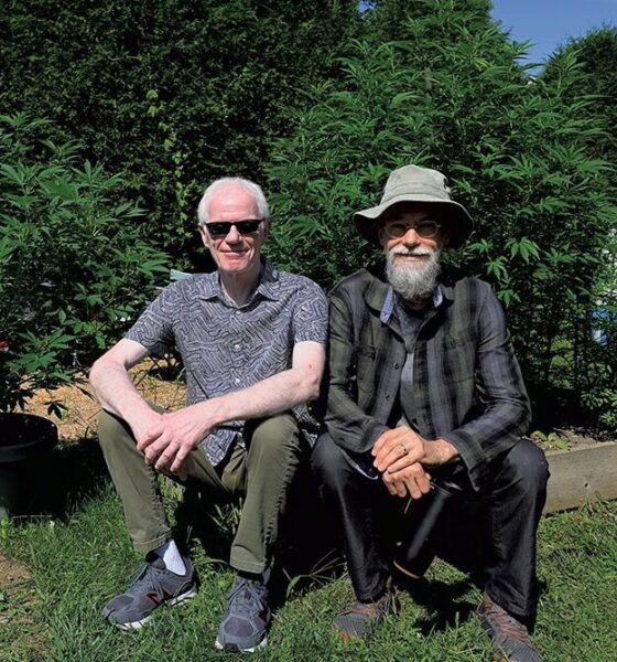Two people sit together in front of cannabis plants on green grass, one with a bucket hat and beard, and the other with sunglasses.
