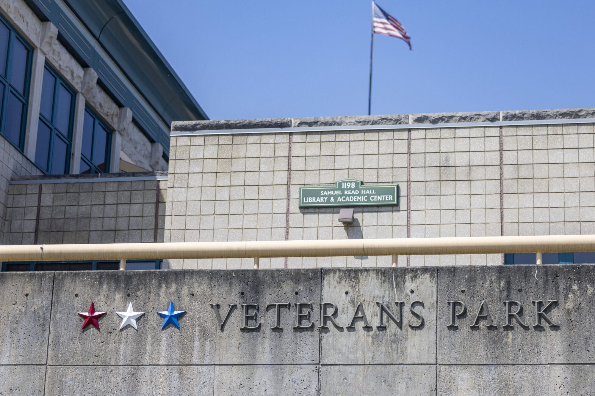 A sign for Veterans Park at Vermont State University Lyndon