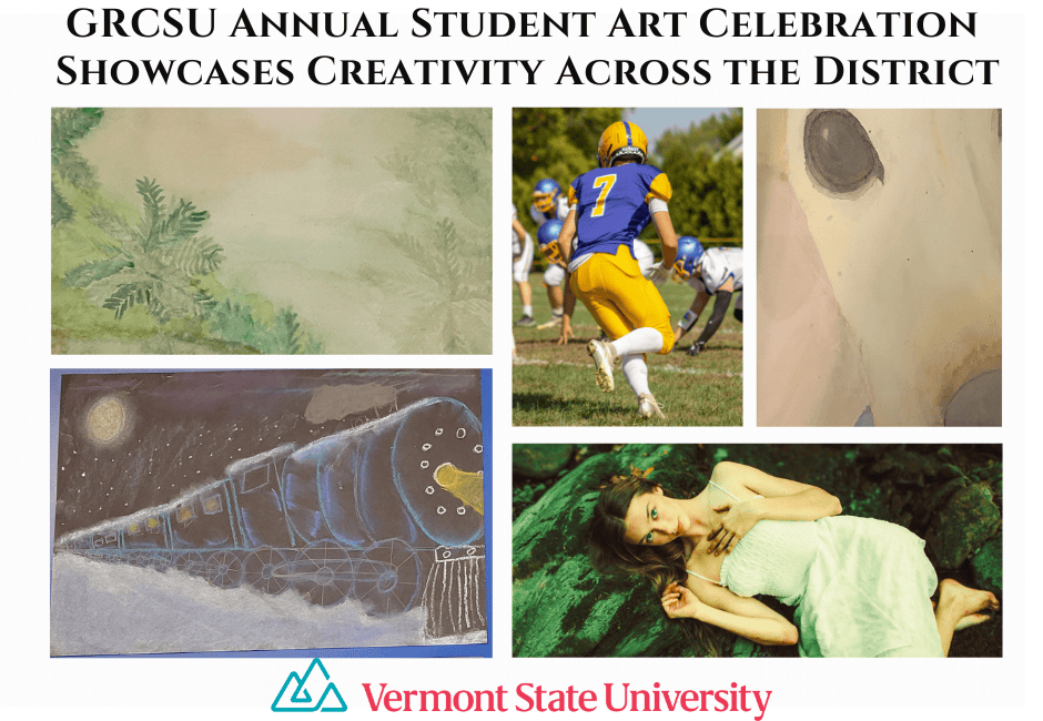 A collage of five artworks from GRSCU students: a drawing of a train, a painting of woman laying down, a drawing of a dog, a photo of a football player, and a landscape watercolor