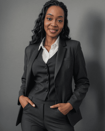 Yolanda LeNoir Arowolo, a woman wearing a three-piece grey suit standing and smiling at the camera