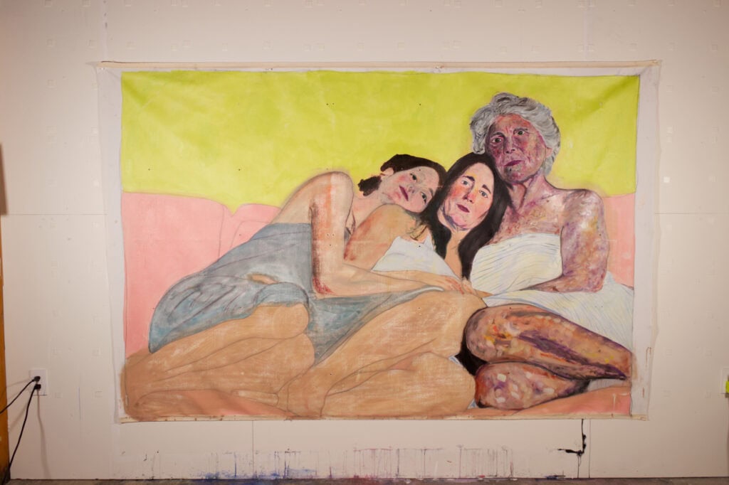 A painting of three women laying together wrapped in bath towels
