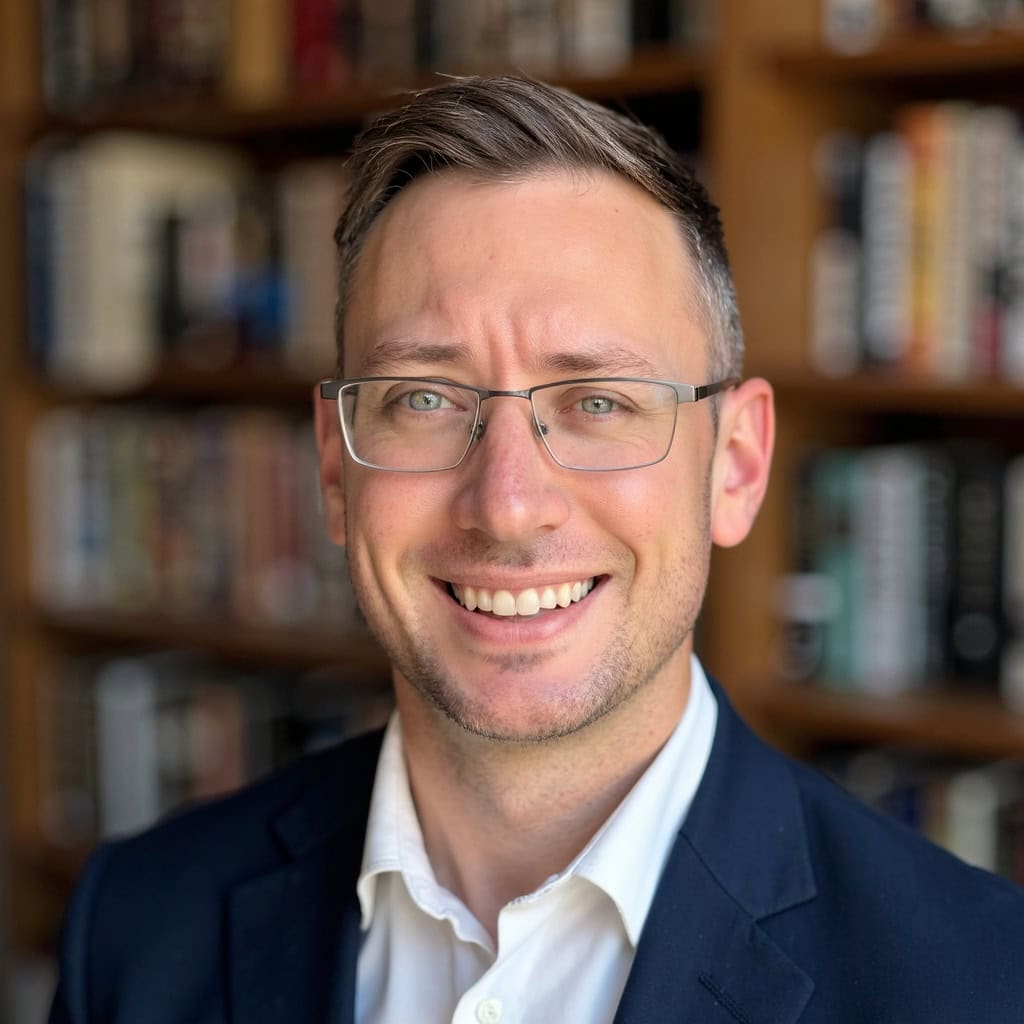 Joshua Lubitow wearing a suit and smiling at the camera with a bookcase in the background